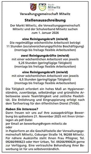 Stellenausschreibung Reinigungskräfte